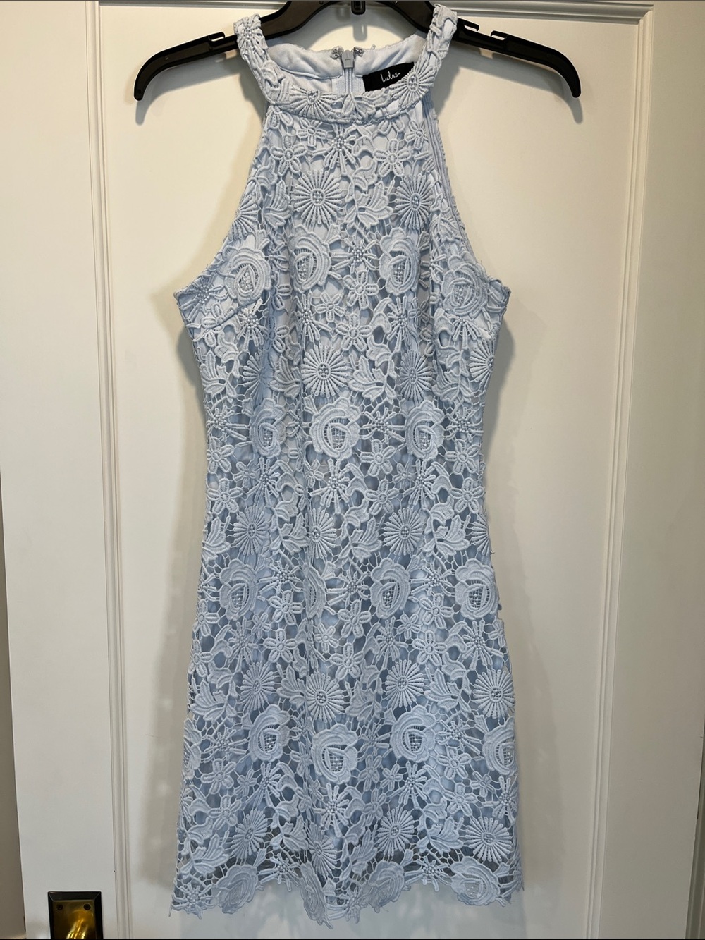 Lulu's Pale Blue Lace Halter Mini Sheath Dress
